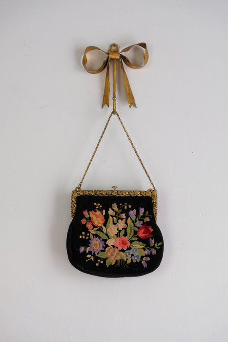 Vintage 1950's Midnight Floral Needlepoint Evening Bag by Christine Custom Bags
