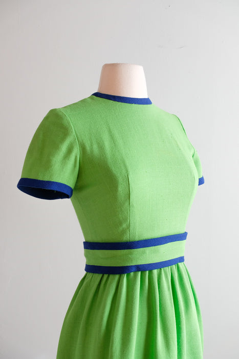 Vintage 1960's Kelly Green & Navy Mod Linen Dress by Lanz / XS