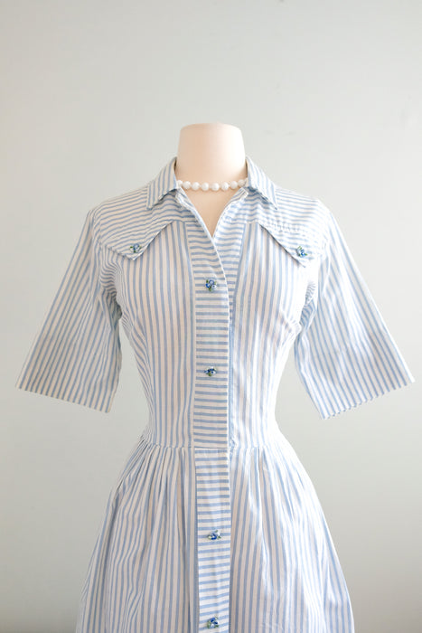 Sweet 1950’s Baby Blue Seersucker Shirt Dress / Sz M