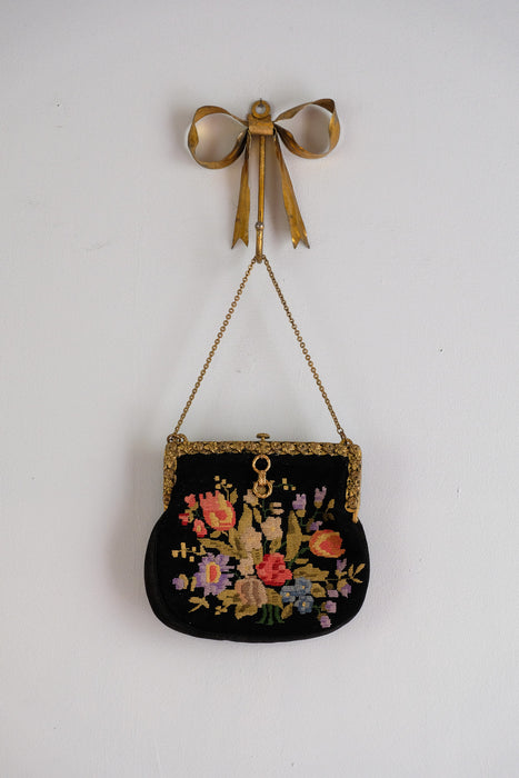 Vintage 1950's Midnight Floral Needlepoint Evening Bag by Christine Custom Bags