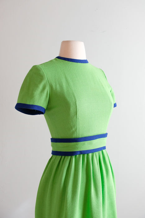 Vintage 1960's Kelly Green & Navy Mod Linen Dress by Lanz / XS