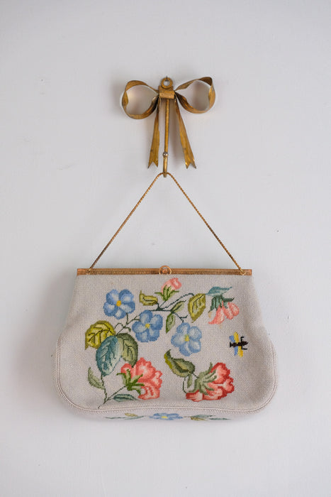 Beautiful 1950's Pale Blue Floral Needlepoint With 🐝 Handbag by Christine Custom Bags