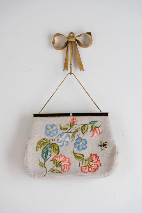 Beautiful 1950's Pale Blue Floral Needlepoint With 🐝 Handbag by Christine Custom Bags