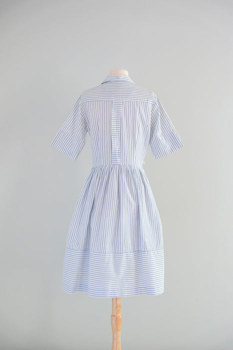 Sweet 1950’s Baby Blue Seersucker Shirt Dress / Sz M