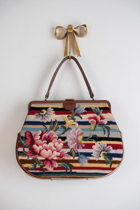 Fabulous Oversized Vintage 1960's Striped Floral Needlepoint Handbag