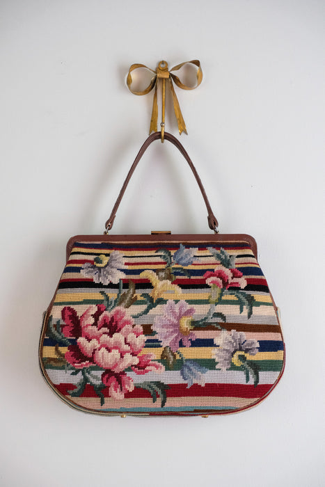 Fabulous Oversized Vintage 1960's Striped Floral Needlepoint Handbag
