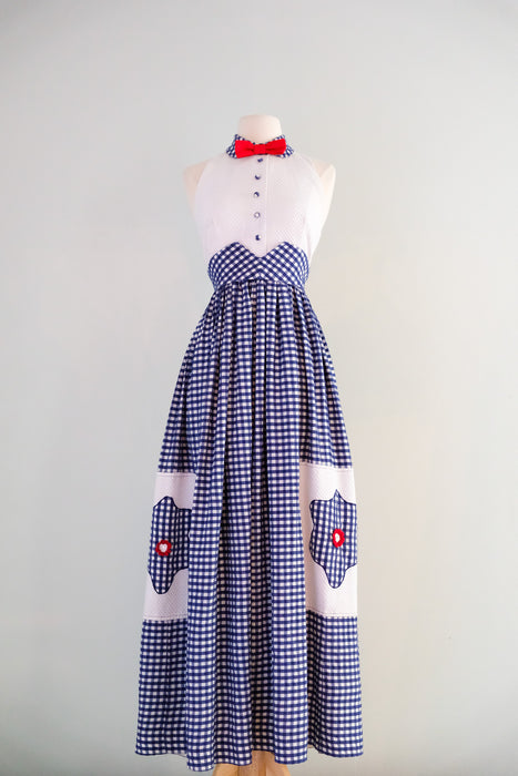 Darling 1970's Gingham Mary Poppins Halter Gown / Sz S/M
