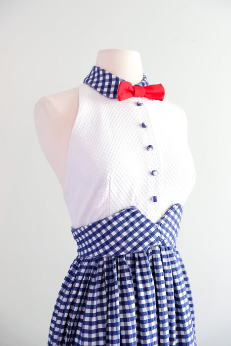 Darling 1970's Gingham Mary Poppins Halter Gown / Sz S/M