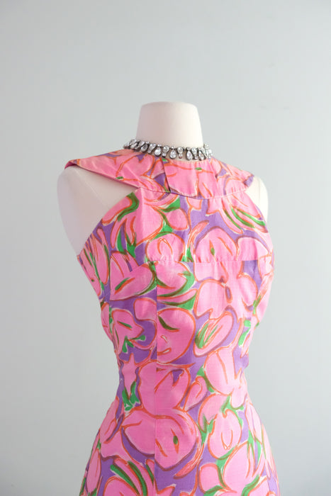 Fabulous 1960's Blush Pink Abstract Floral Party Dress / Sz S/M