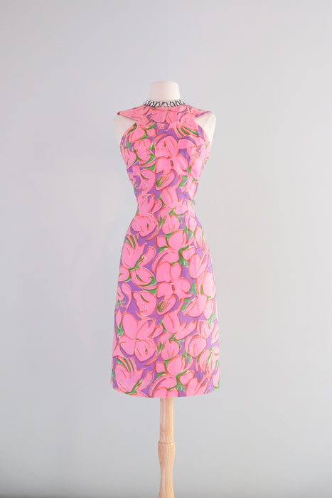 Fabulous 1960's Blush Pink Abstract Floral Party Dress / Sz S/M