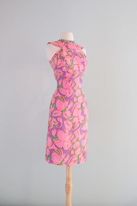 Fabulous 1960's Blush Pink Abstract Floral Party Dress / Sz S/M