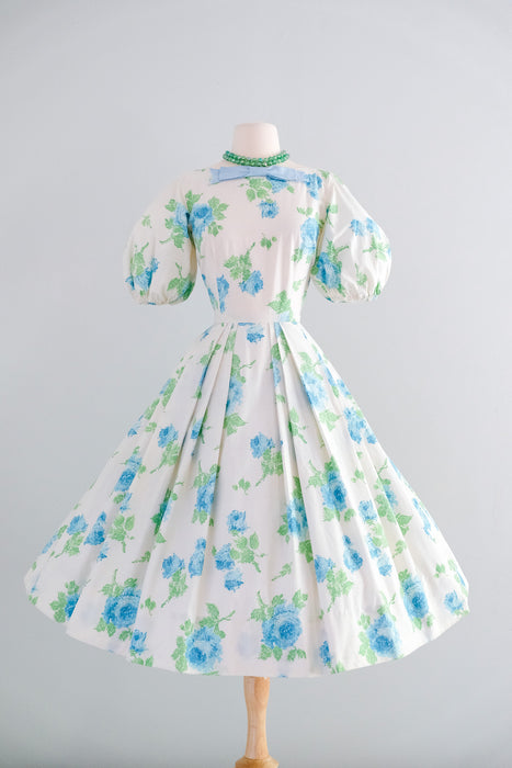 Romantic 1950's Ivory & Blue Rose Dress With Balloon Sleeves / Sz XS