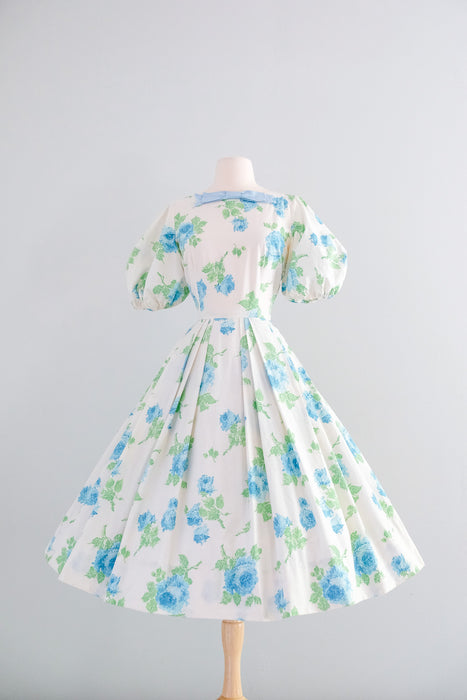 Romantic 1950's Ivory & Blue Rose Dress With Balloon Sleeves / Sz XS