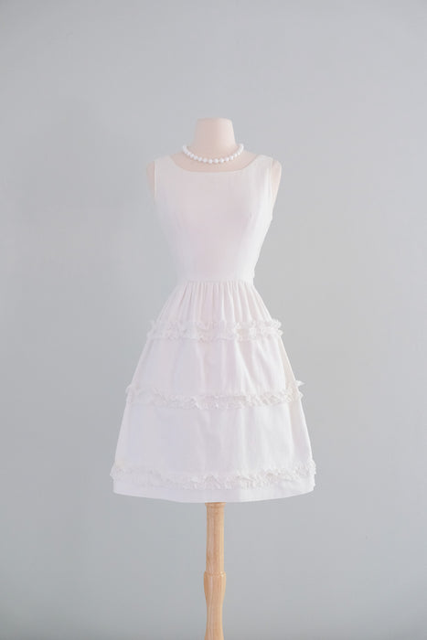 Splendid 1960's White Cotton Dress With Eyelet Ruffles / Sz S