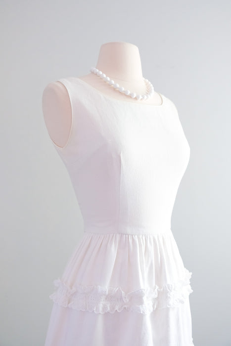 Splendid 1960's White Cotton Dress With Eyelet Ruffles / Sz S