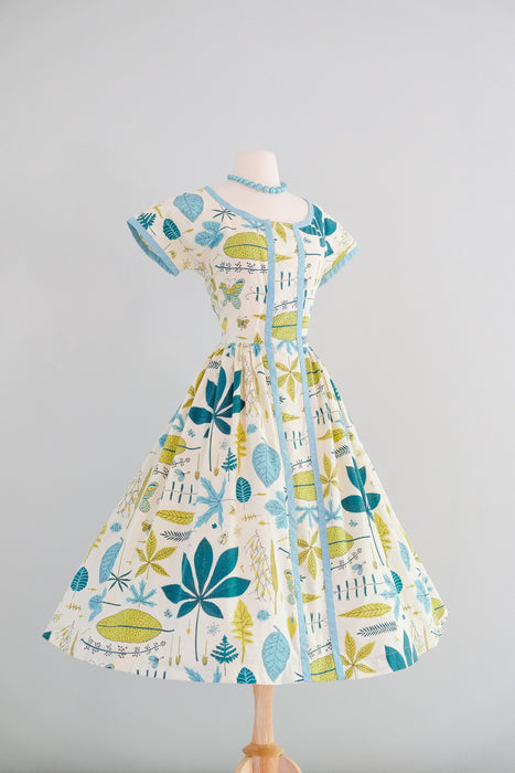Amazing 1950's Leaf Novelty Print Cotton Day Dress / Sz M