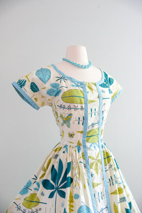 Amazing 1950's Leaf Novelty Print Cotton Day Dress / Sz M