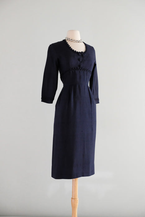 Elegant 1950's Navy Blue Silk Wiggle Dress With Pockets / S