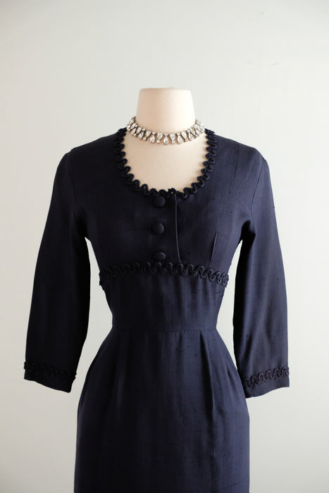 Elegant 1950's Navy Blue Silk Wiggle Dress With Pockets / S