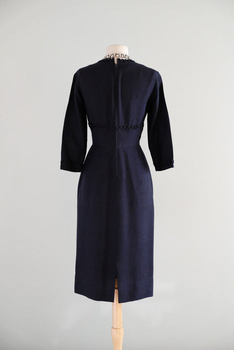 Elegant 1950's Navy Blue Silk Wiggle Dress With Pockets / S