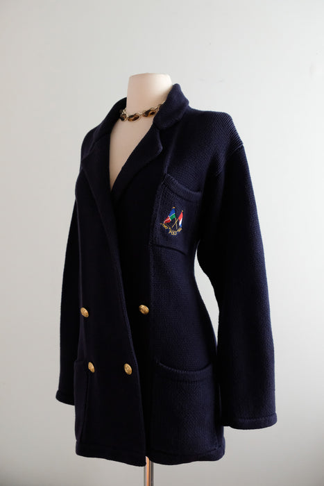 Vintage 1980's Nautical Knit Navy Blue Cardigan by Ralph Lauren Polo / M