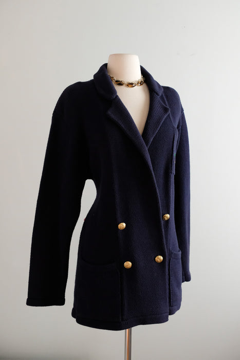 Vintage 1980's Nautical Knit Navy Blue Cardigan by Ralph Lauren Polo / M