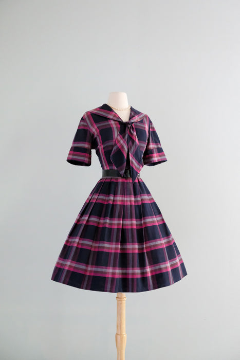 Exceptional 1950’s Fuchsia & Navy Plaid Cotton Shirt Dress / Sz M
