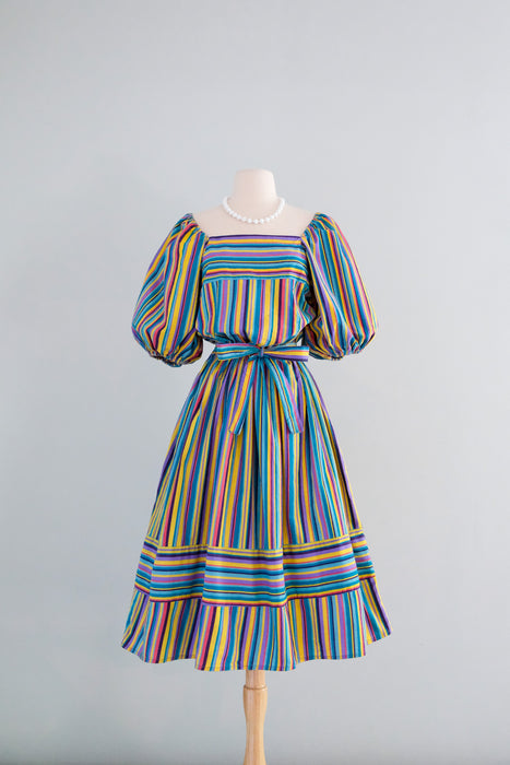 Playful Late 1970's Rainbow Striped Cotton Dress by Kaiser / Sz M