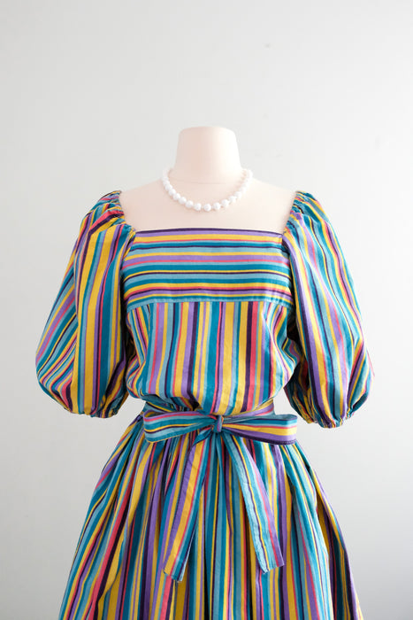 Playful Late 1970's Rainbow Striped Cotton Dress by Kaiser / Sz M