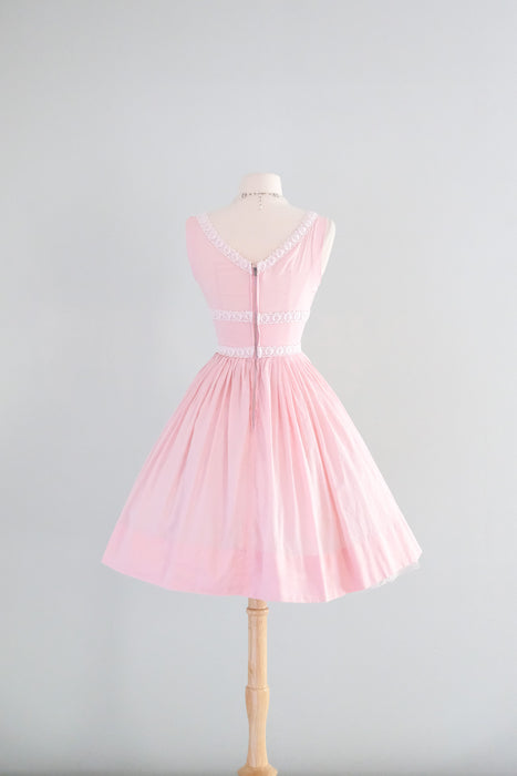 Sweetest 1950's Baby Pink Pintuck & Lace Cotton Day Dress / Sz XS