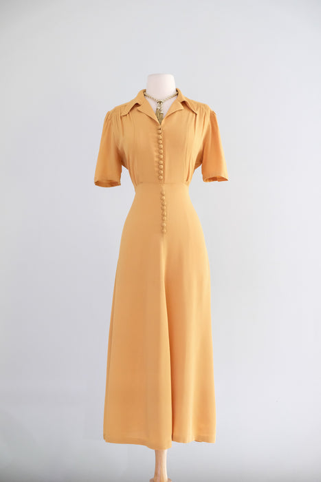 Elegant 1940's Mustard Seed Yellow Rayon Day Dress / ML