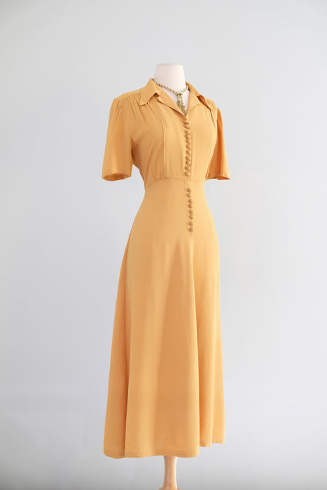 Elegant 1940's Mustard Seed Yellow Rayon Day Dress / ML