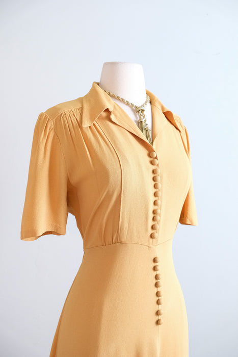 Elegant 1940's Mustard Seed Yellow Rayon Day Dress / ML