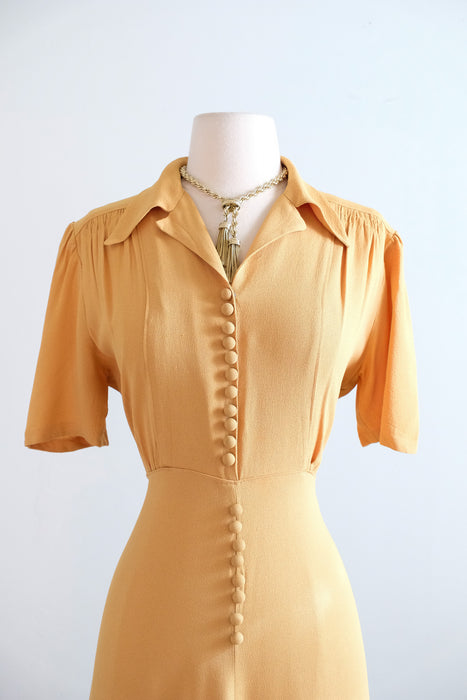 Elegant 1940's Mustard Seed Yellow Rayon Day Dress / ML