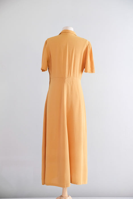 Elegant 1940's Mustard Seed Yellow Rayon Day Dress / ML