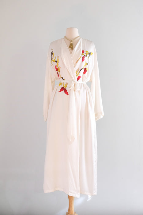 Vintage 1990's Texere Ivory Silk Robe with Hand Painted Bird Motif / ML