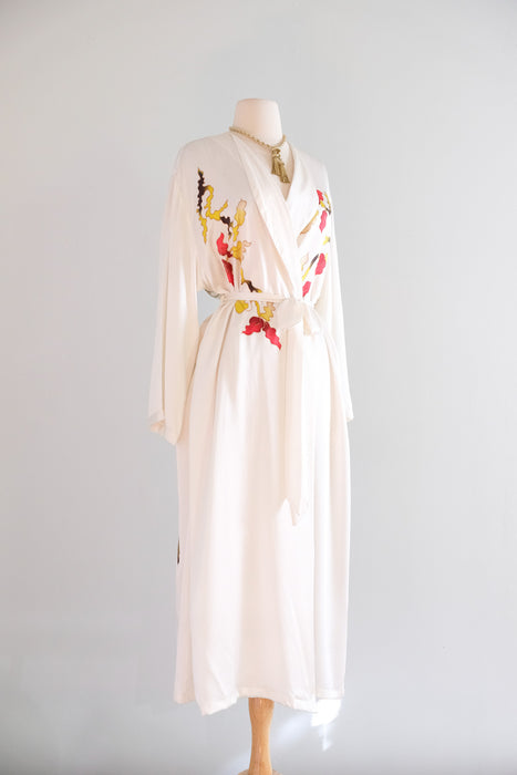 Vintage 1990's Texere Ivory Silk Robe with Hand Painted Bird Motif / ML