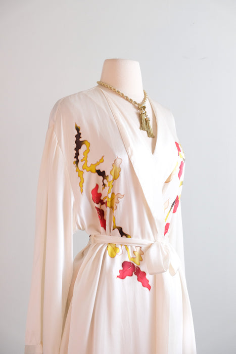 Vintage 1990's Texere Ivory Silk Robe with Hand Painted Bird Motif / ML