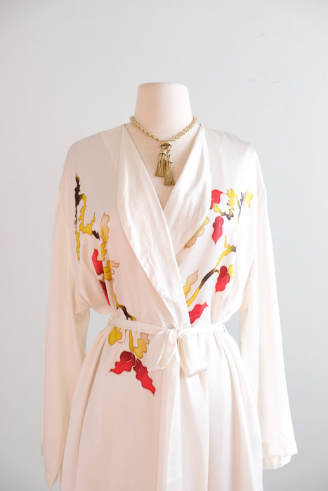 Vintage 1990's Texere Ivory Silk Robe with Hand Painted Bird Motif / ML
