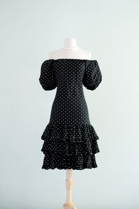Amazing Early 1980's Black & White Polka Dot Dress by Fred Lansac / Sz M