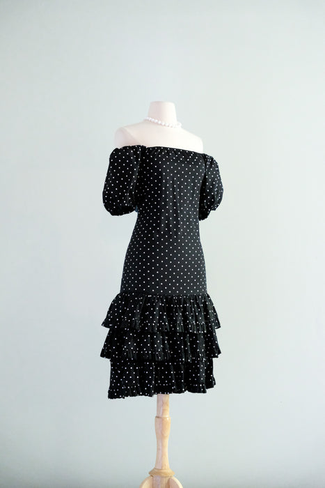 Amazing Early 1980's Black & White Polka Dot Dress by Fred Lansac / Sz M