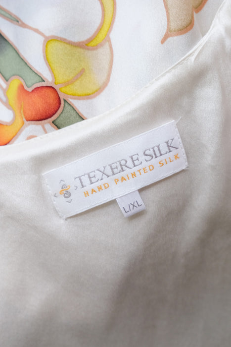 Vintage 1990's Texere Ivory Silk Robe with Hand Painted Bird Motif / ML