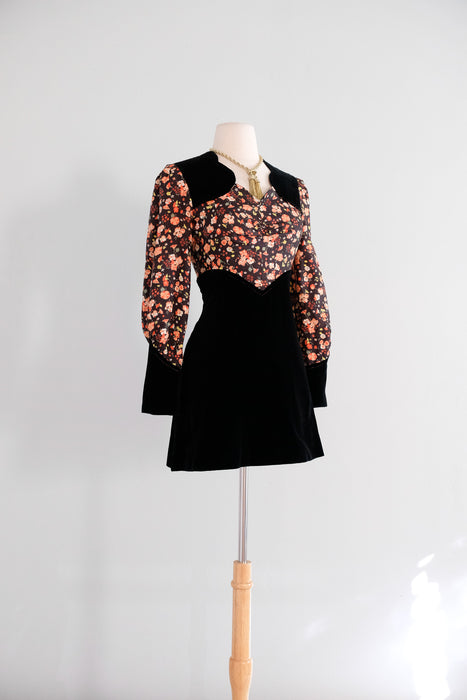 Vintage 1960's Fall Floral Velvet Mini Dress / S