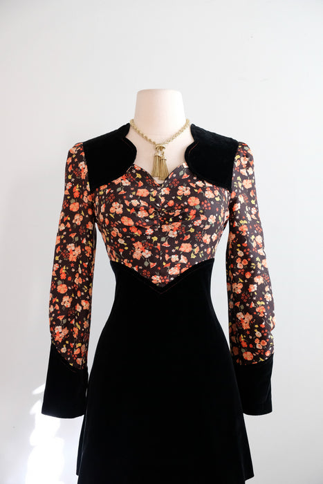 Vintage 1960's Fall Floral Velvet Mini Dress / S