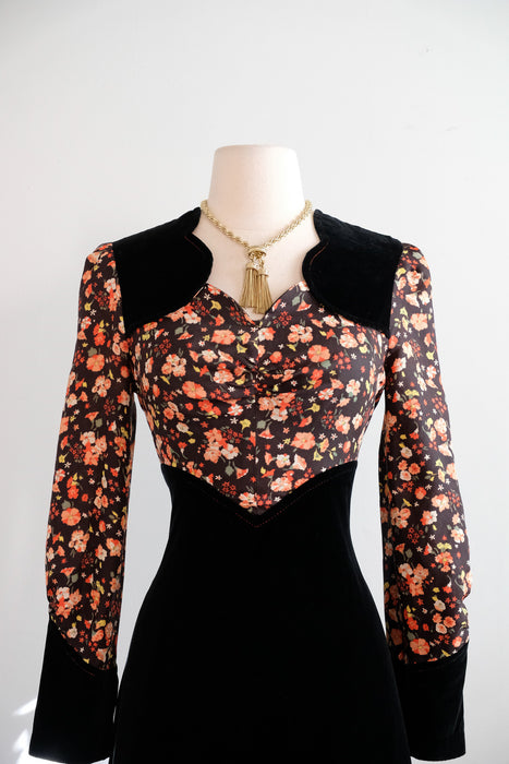 Vintage 1960's Fall Floral Velvet Mini Dress / S