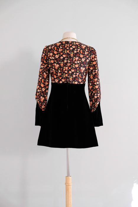 Vintage 1960's Fall Floral Velvet Mini Dress / S