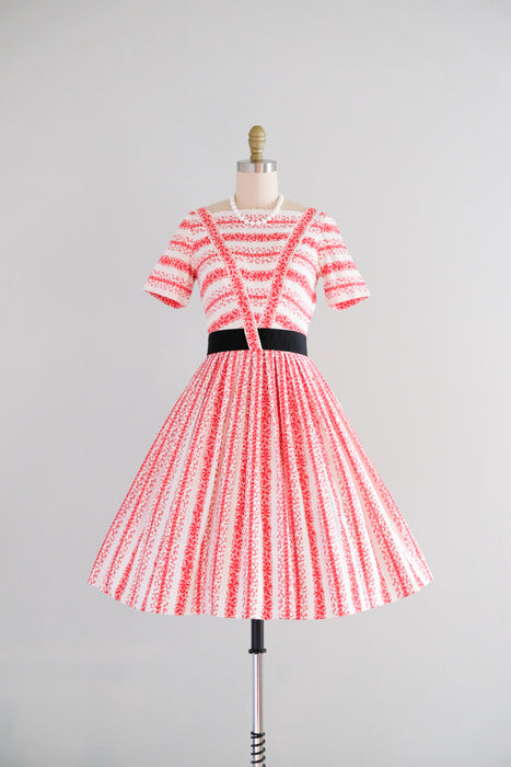 Darling 1950's Red & White Striped Cotton Day Dress / Sz XS