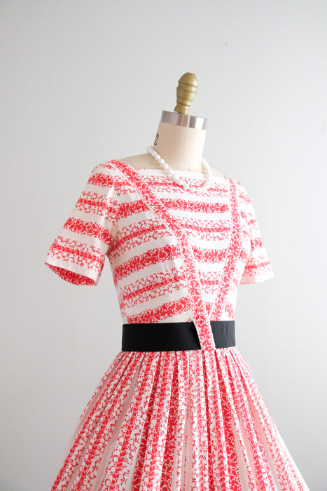 Darling 1950's Red & White Striped Cotton Day Dress / Sz XS
