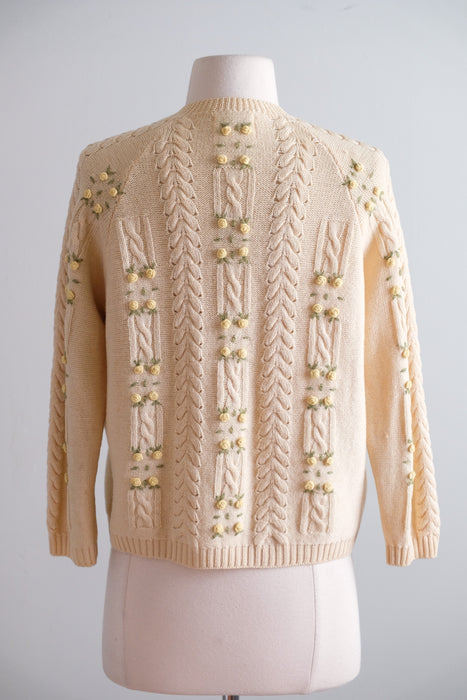 Vintage 1960's Ivory Wool Knit Cardigan with Petite Yellow Roses by Foxridge / SM