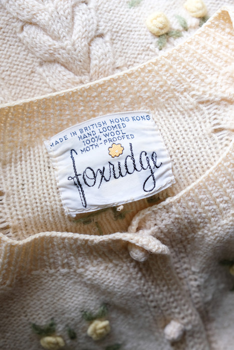 Vintage 1960's Ivory Wool Knit Cardigan with Petite Yellow Roses by Foxridge / SM